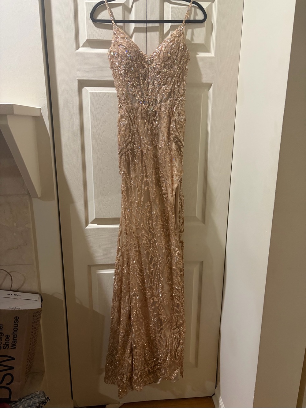 Sequin Embellished Champagne Prom Dress with Spaghetti Straps